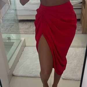 Zara Red Ruched Midi Skirt with High Side Slit